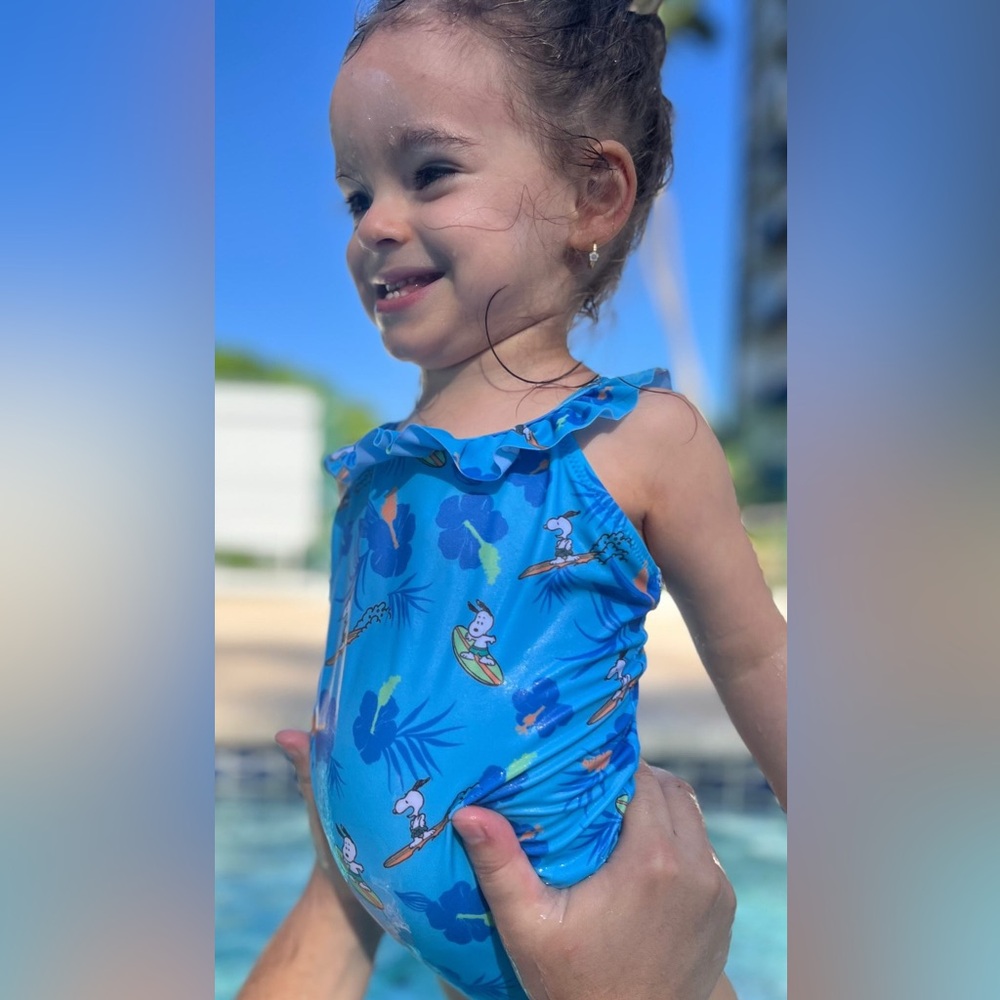 Zara Girl Blue Snoopy Surfing Print One Piece Swimsuit